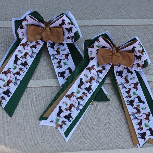 Green, Gold, White Horse Show Bows, Horse Show Bows, Horse Show Hair Bows, Equestrian Show Bows, Equestrian Bows, Equestrian Rider Bows