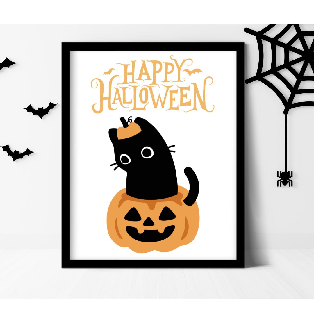 Printable Halloween Wall Art Cute Black Cat Halloween Witchy Etsy