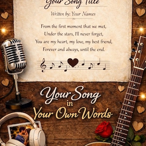 May include: A custom song concept image with text "Your Song Title" and lyrics. Features a vintage microphone, guitar, headphones with a photo, and a red rose on a wooden background. The text "Turn Your Lyrics into a Custom Song!" is also visible.
