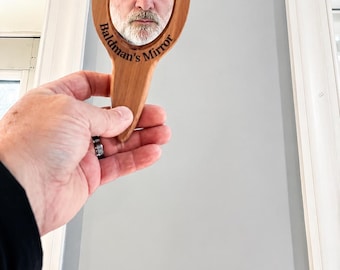 Personalized Bald Man Mirror | Laser Engraved Wood Handheld Mirror | Gag Gift for Dad Grandpa