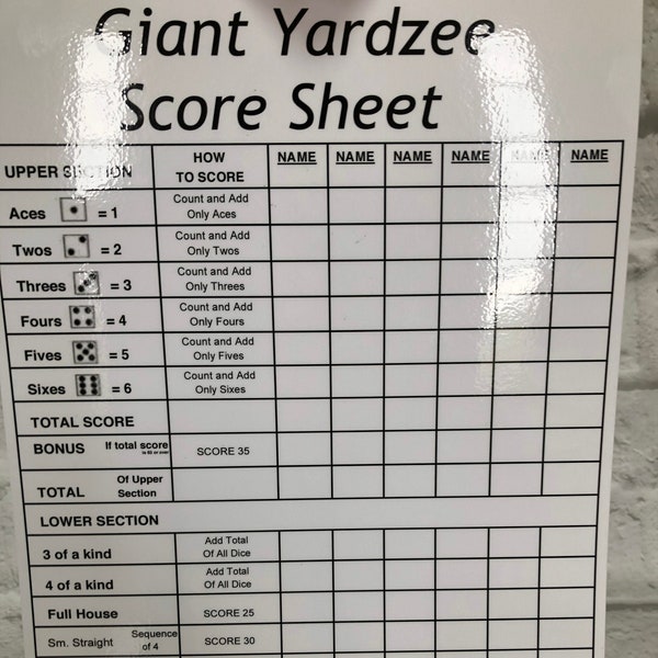 Giant Yardzee Game Score Sheet with Dry Erase Pen!   Score Sheet with Dry Erase Pen Only!