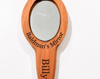 Baldman’s Mirror – Personalized Funny Wooden Hand Mirror with Hair Tuft – Custom Engraved Novelty Gift