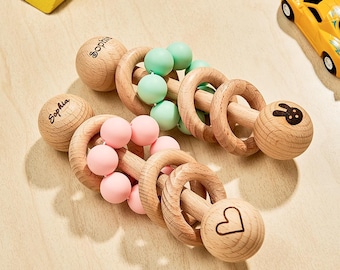 Personalized Wooden Baby Rattle – Custom Engraved Name Toy, Baby Shower or First Birthday Gift