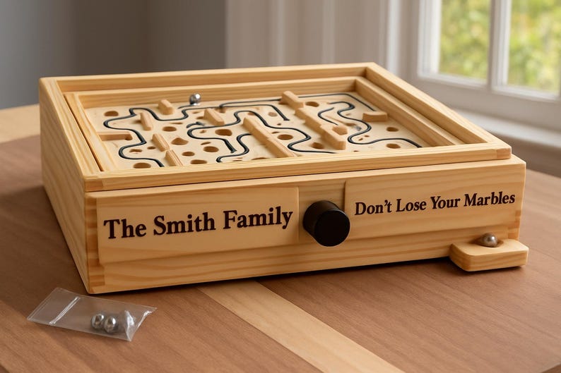 Puede incluir: Juego de laberinto de madera con dise&ntilde;o de laberinto y pomo negro. El texto "The Smith Family" y "Don't Lose Your Marbles" est&aacute;n impresos en la parte delantera. Incluye una peque&ntilde;a bolsa de canicas met&aacute;licas. El juego est&aacute; sobre una superficie de madera.