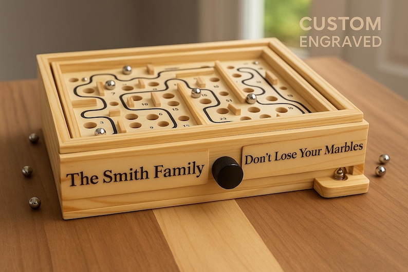 Puede incluir: Un juego de laberinto de madera con un dise&ntilde;o de laberinto y varias canicas de metal. El juego est&aacute; grabado con "The Smith Family" y "Don't Lose Your Marbles". La parte superior es un laberinto con agujeros numerados y l&iacute;neas negras.