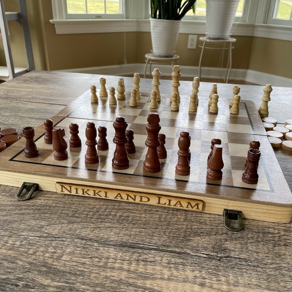 Personalized Wood Chess and Checkers Set, Book Style Board