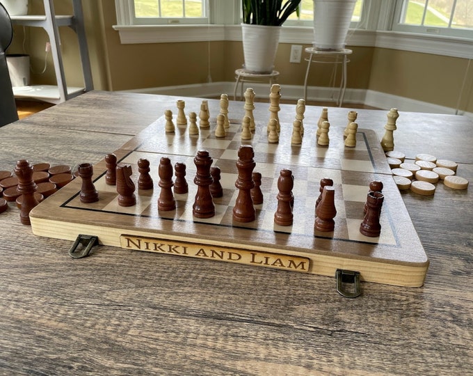 Personalized Wood Chess and Checkers Set, Book Style Board