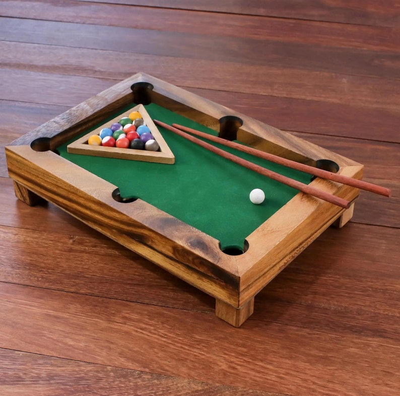 Handcrafted Tabletop Wooden Pool Table!  Personalized 12- Inch Tabletop Wood Billiards Table!  Miniature Billiards/Pool Game!  Family Games! 