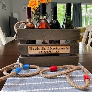 Personalized Vintage Wooden Bottle Ring Toss Game!  Custom Wood Bottle Ring Toss Game! AirBnB-VRBO Wine Bottle Game!  Distressed Wood Crate!