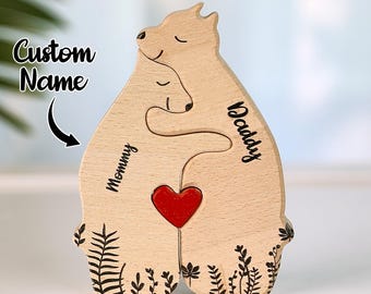 Personalized Wooden Heart Bear Puzzle: Engraved Family Keepsake