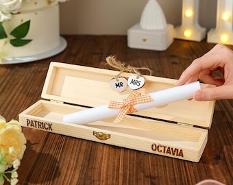 Personalized Wedding Certificate Wooden Box: Mr & Mrs Heart Charms