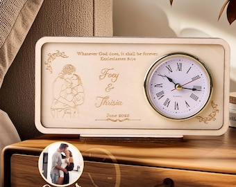 Personalized Wooden Photo Clock, Engraved Keepsake, Wedding Gift