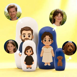 May include: A set of five nesting dolls, each featuring a cartoon illustration of a person or pet. The dolls are painted in white and blue, with the illustrations in various colors. The dolls are a unique and personalized gift idea.