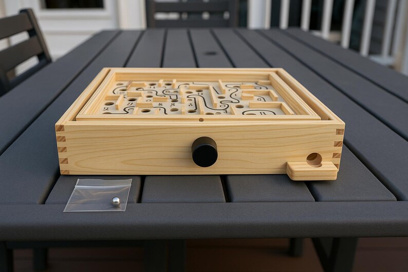 Puede incluir: Un juego de laberinto de madera con una perilla negra y una peque&ntilde;a bola de metal en una bolsa de pl&aacute;stico transparente. El juego presenta un dise&ntilde;o de laberinto con l&iacute;neas y agujeros negros. El marco de madera es de color claro.