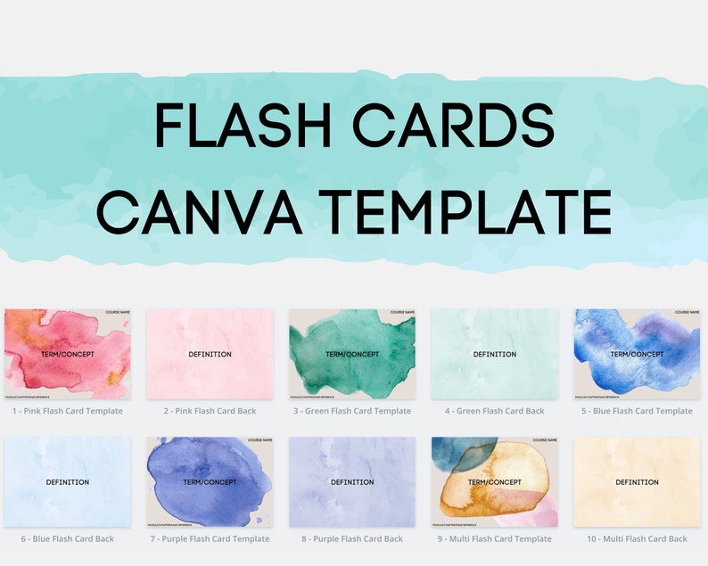 Watercolor Flash Cards, Canva Templates Etsy