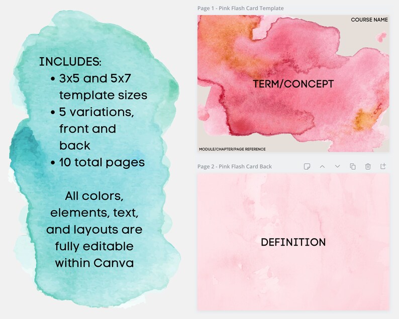 Watercolor Flash Cards, Canva Templates Etsy
