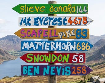 Personalised Mountain Direction Sign, Hand Painted Wooden Peak Sign, Hiking Gift for Walkers, Custom Summit Garden Decor, Mountainaineering
