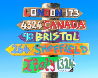 5 x Travel Signs, Personalised, UK Shop, Hand Painted, Tiki Signs, Rustic Signs, Destination Signs, Travel Arrows, Outdoor Travel Sign
