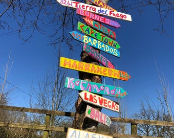8 x Wooden Beach Signs Custom Made in the UK, Big, Bright and Bold Destination Signs, Sign Post, Custom Beach Sign