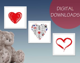 Heart Printable x 3, Nursery Decor or Valentine's Day Gift, Instant Download,  Square Printable Art