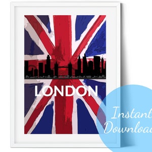 Cartel de Londres, Cartel del Skyline de Londres, Cartel de Union Jack, Imprimible, Descarga instantánea, Cartel de viaje, Descarga digital, Arte de la pared de Londres, Arte