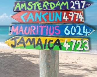 4 x Custom Tiki Signs in the UK, Directional Travel Arrow, Mileage Destination Sign, Rustic Home Decor, Wedding Gift, Custom Travel Sign