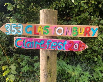 2 x Festival Destination Signs, Directional Travel Arrow, Mileage Destination Sign, Garden Sign Post, Garden Decor, Glastonbury Festival