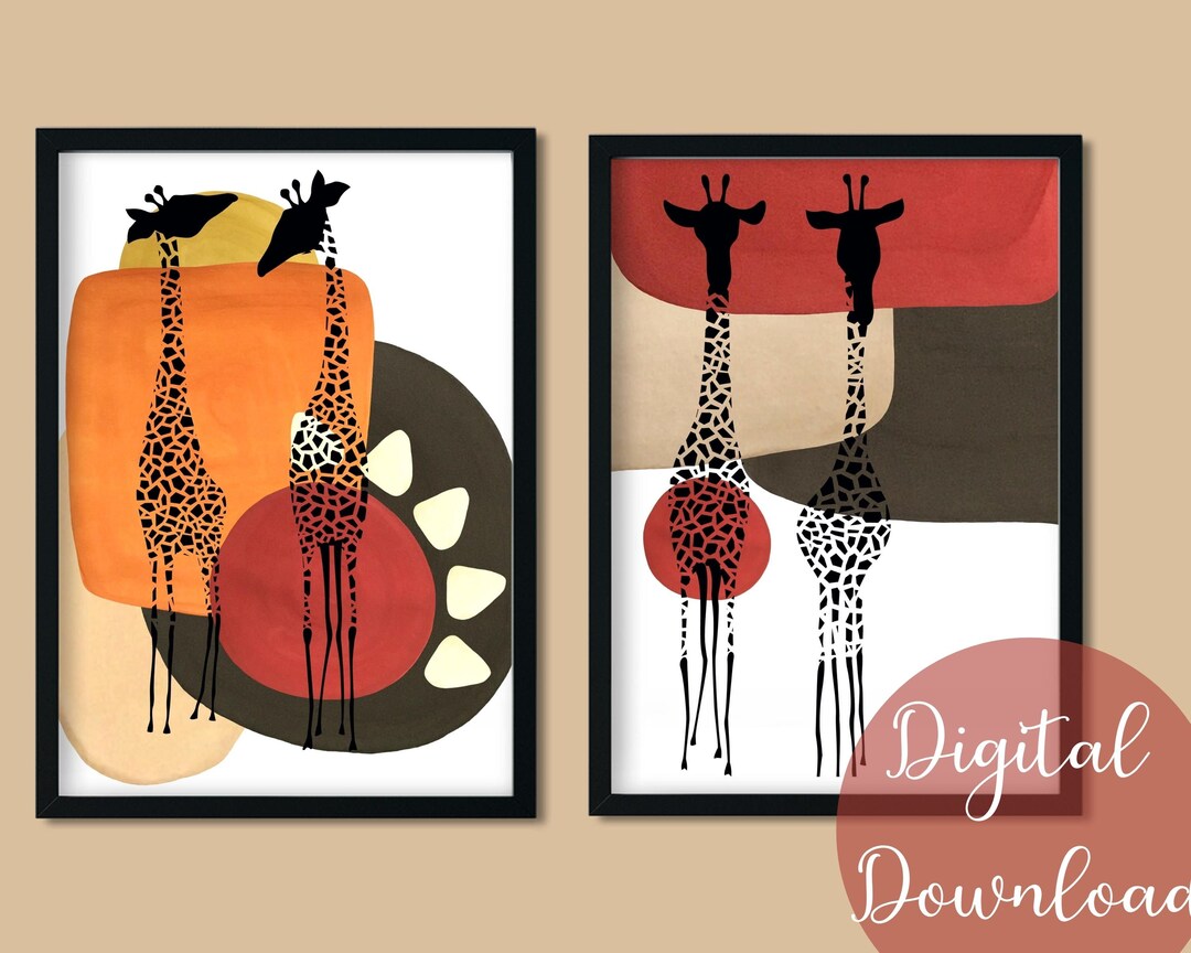 2 Funky Giraffe Prints, Giraffe Wall Art, Giraffe Art Print, Giraffe ...