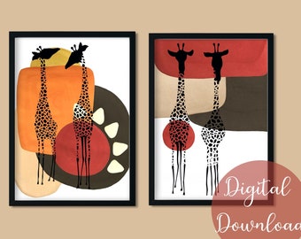 2 Funky Giraffe Prints, Giraffe Wall Art, Giraffe Art Print, Giraffe Printables, Giraffe Gift, Abstract Giraffe, Nursery Wall Art