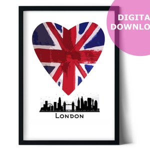 Arte de la pared de Londres, decoración de la pared de la oficina, cartel del horizonte de Londres, cartel de Union Jack, imprimible, descarga instantánea, cartel de viaje, descarga digital