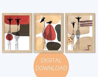 3 Abstract Giraffe Prints, Giraffe Wall Art, Giraffe Art Print, Giraffe Printables, Giraffe Gift, Abstract Giraffe, Nursery Wall Art