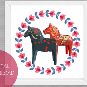 Swedish Folk Art Set of 2 Dala Horse Printables, Scandinavian Folk Art, Swedish Farmhouse ...