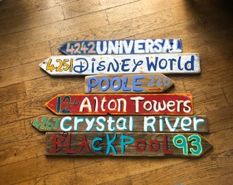 8 Custom Theme Park Signs for Amusement Park Lovers. Personalised Distance Sign, Custom Wood Sign, Mileage Sign