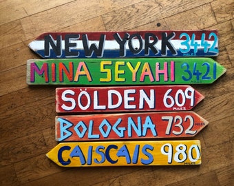 5 x Tiki Bar Signs, hand painted using recycled wood. Custom Tiki Signs, Directional Travel Arrow, Mileage Destination Sign, Garden Sign
