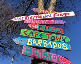 6 x Custom Tiki Signs in the UK, Directional Travel Arrow, Mileage Destination Sign, Rustic Home Decor, Wedding Gift, Custom Travel Sign