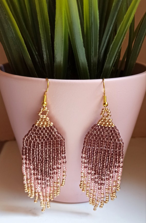 Handmade elegant beaded earrings, pink, purple&gold