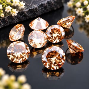 May include: A collection of round-cut, champagne-colored gemstones with multiple facets that reflect light. The stones are arranged on a dark, reflective surface, showcasing their brilliant orange-brown hues and precise geometric cuts.