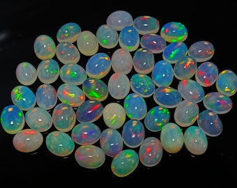 Natural Fire Opal Calibrated Wholesale Lot, 7x9 MM. Multi Fire Top Quality Oval Shape Cabochon Natural Ethiopian Opal Pieces Wise Gemstone.