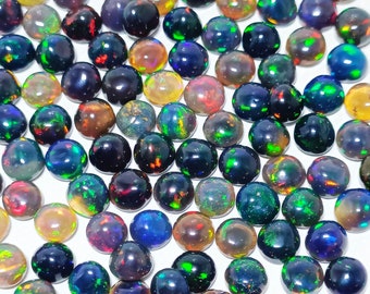 100% Natural Multi Fire, 4 MM Ethiopian Opal Round Calibrated Natural Black Opal Pieces Wise October birthstone Opal Cabochon Lot Gemstone.