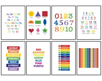 14 Educational Posters - ABC, Days in a Week, Colours, Numbers, Months, Rainbow, Kids Playroom, Homeschool, Pre School, Classroom Posters