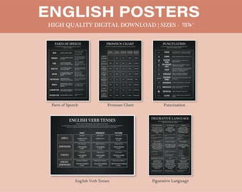 English Grammar Poster - Set of 5 - Sentence Types, Punctuations, Parts of Speech, Pronoun, Figure of Speech, 11x14 inches, Digital Download