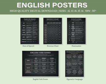 English Grammar Poster - Set of 5 - Sentence Types, Punctuations, Parts of Speech, Pronoun, Figure of Speech, 10x14inches, Digital Download