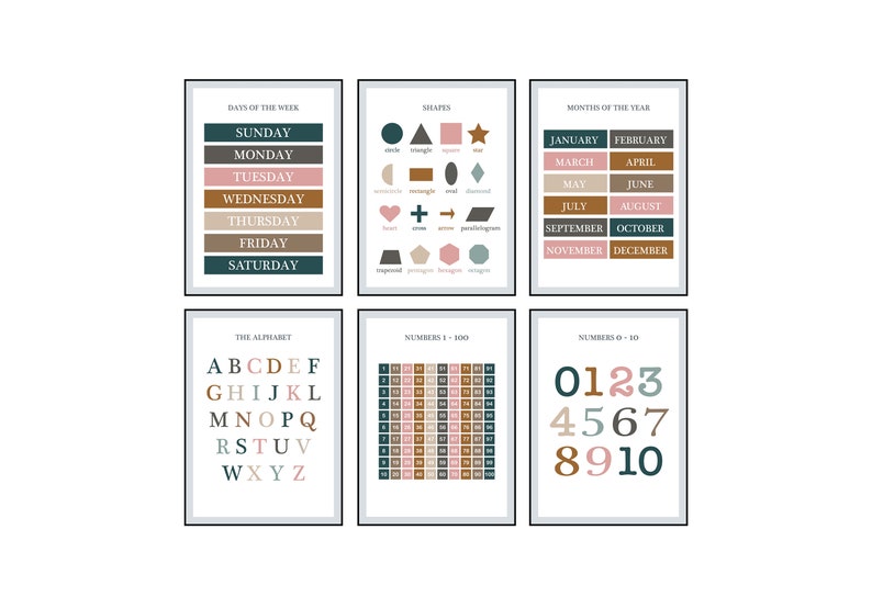Puede incluir: Conjunto de seis carteles educativos con un dise&ntilde;o minimalista. Los carteles presentan un esquema de color verde azulado, marr&oacute;n y rosa e incluyen los d&iacute;as de la semana, el alfabeto, los n&uacute;meros del 1 al 100, los n&uacute;meros del 0 al 10, los meses del a&ntilde;o y las formas b&aacute;sicas.