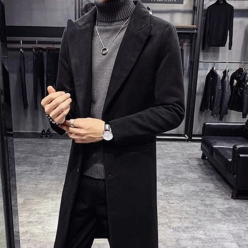 Men Black Woolen Overcoat Vintage Long Trench Coat Men New - Etsy