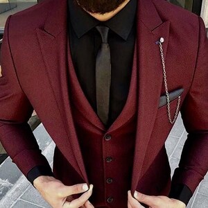 Men Suits Maroon 3 Piece Formal Fashion Slim Fit Elegant Wedding Suits ...