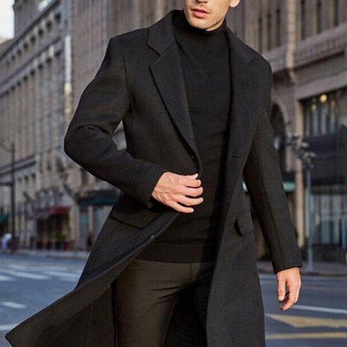 Men Black Overcoat Vintage Long Trench 