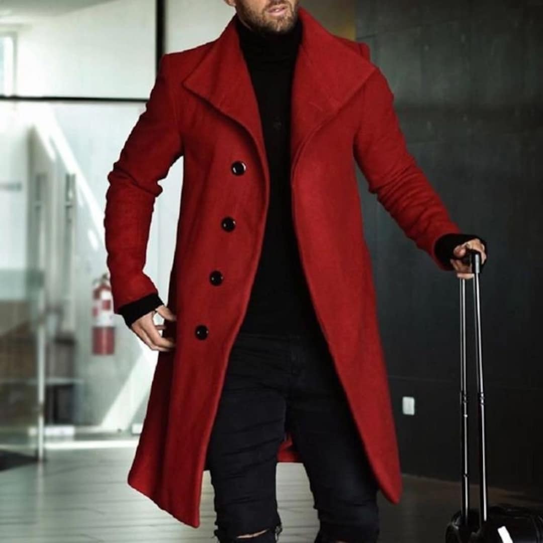 Men Red Overcoat Tweed Vintage Long Trench Coat Men Winter Etsy