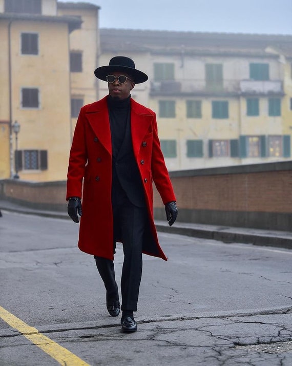 casual red trench coat outfit