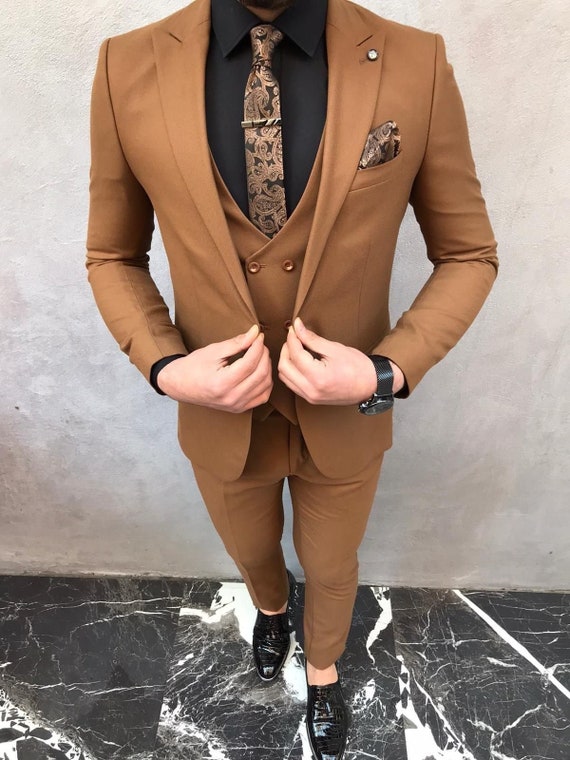 Hommes costume marron clair 3 pi ces costume mariage mari porter