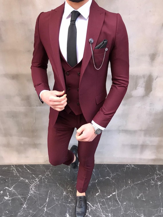 Mens slim fit cheap maroon suit